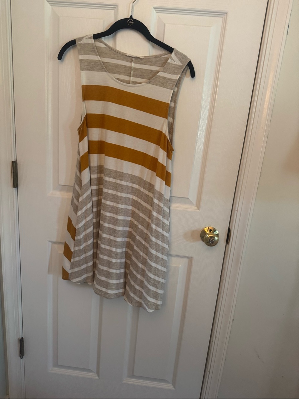 Striped Sleeveless A-Line Dress in Mustard and Light Gray